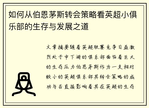 如何从伯恩茅斯转会策略看英超小俱乐部的生存与发展之道